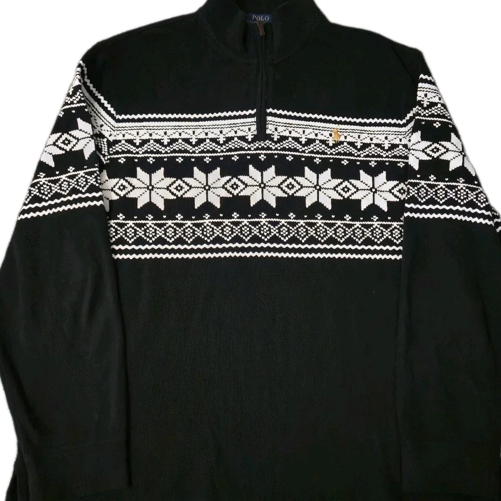 Polo Ralph Lauren Men's XL Sweater Estate Rib Black Snowflake Quarter 1/4 Zip